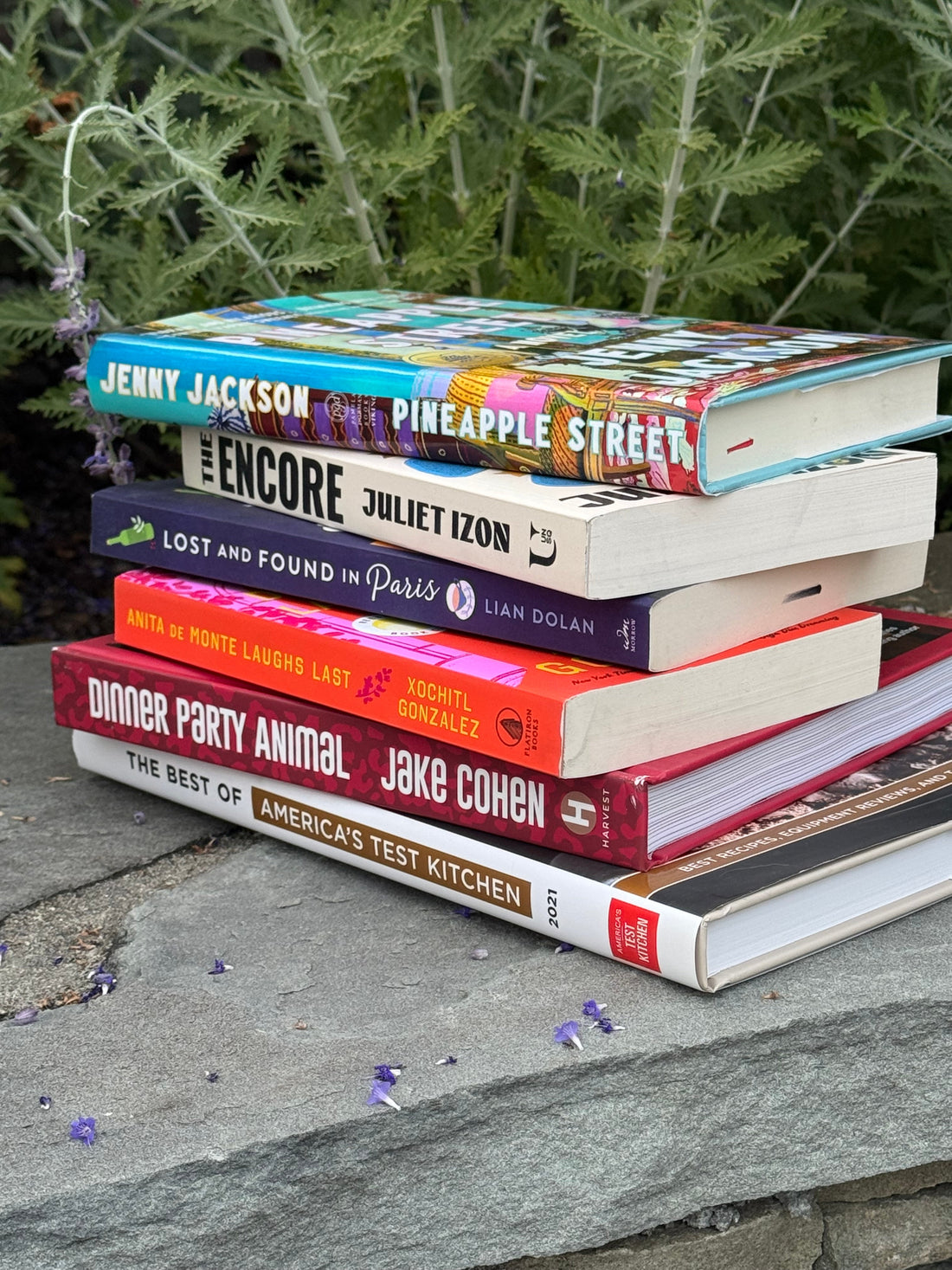 A stack of colorful unwrapped books on a stone ledge with Russian sage growing behind them.
