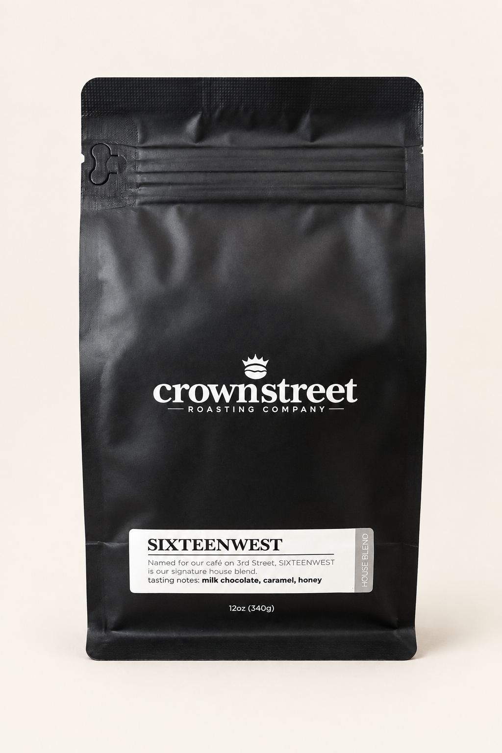 Crownstreet Sixteenwest House Blend coffee, 12 oz bag on a neutral background