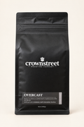 Crownstreet Overcast Dark Roast coffee, 12 oz bag on a neutral background