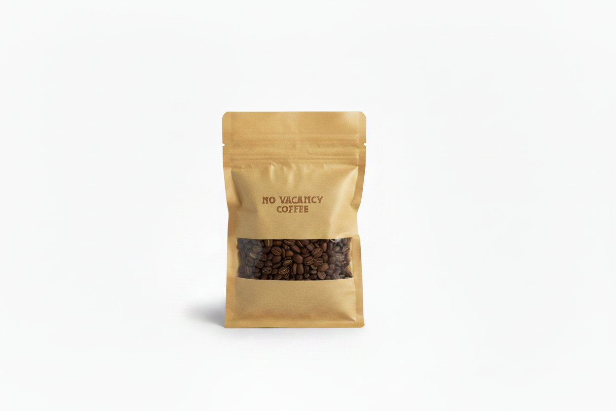 No Vacancy Coffee Beans bag on white background, no steam